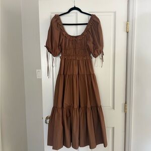 En Saison Brown Tiered Midi Dress with Puff Sleeves